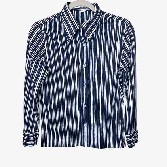 Vintage Tops - Vintage 90s Office Siren Pinstripe Jersey Top • Shrunken Fitted Button Up